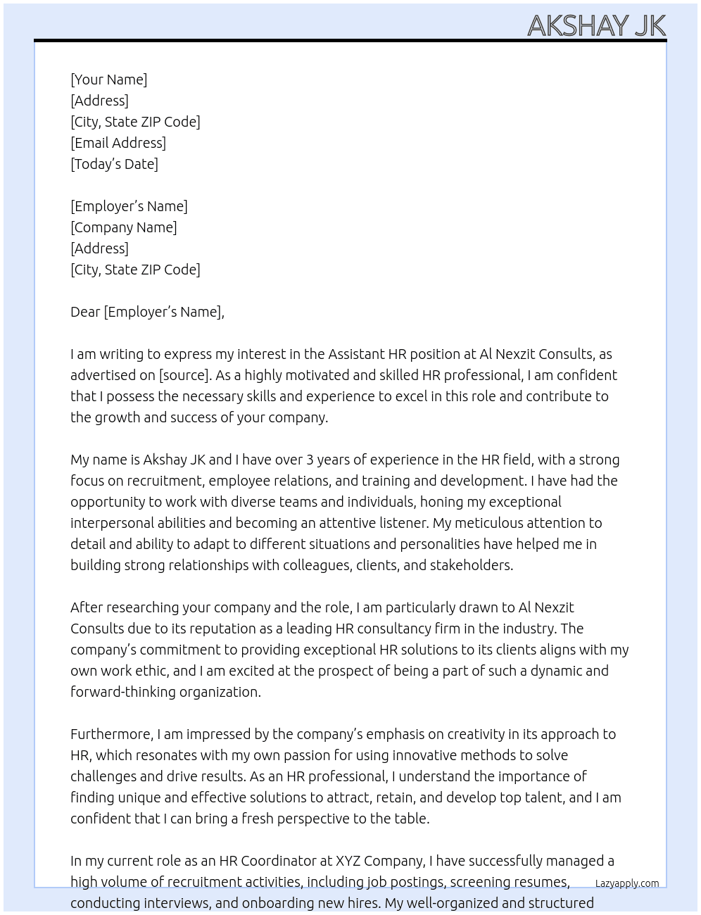Assistant HR At Al Nexzit Consults Cover Letter