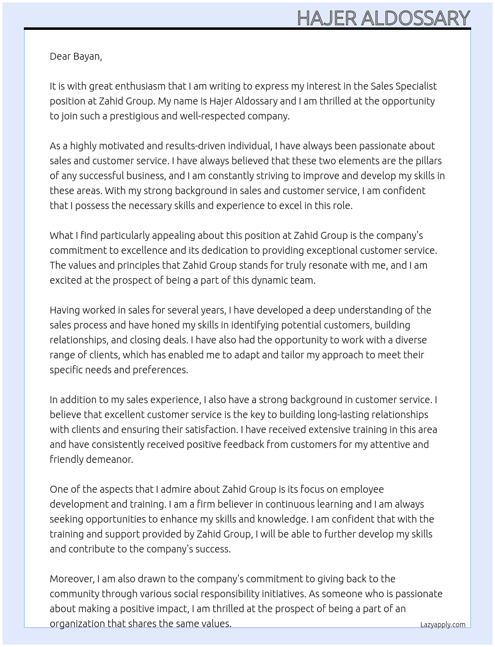 Sales Specialist At Zahid Group Cover Letter