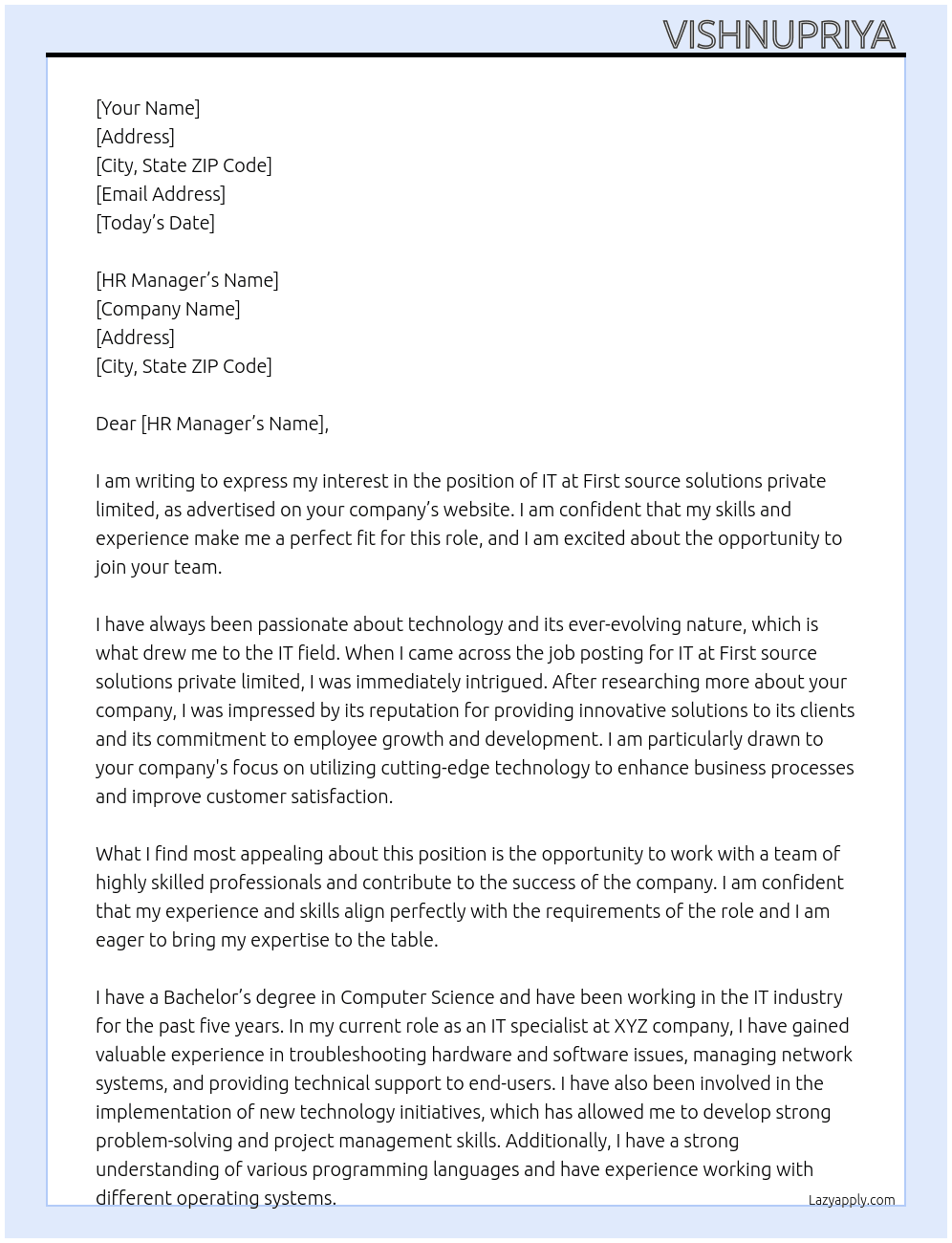 IT  At First source solutions  private limited  Cover Letter