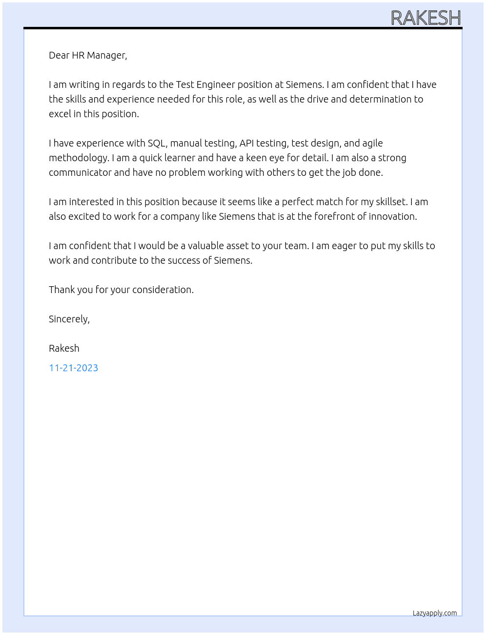 test engineer At siemens Cover Letter