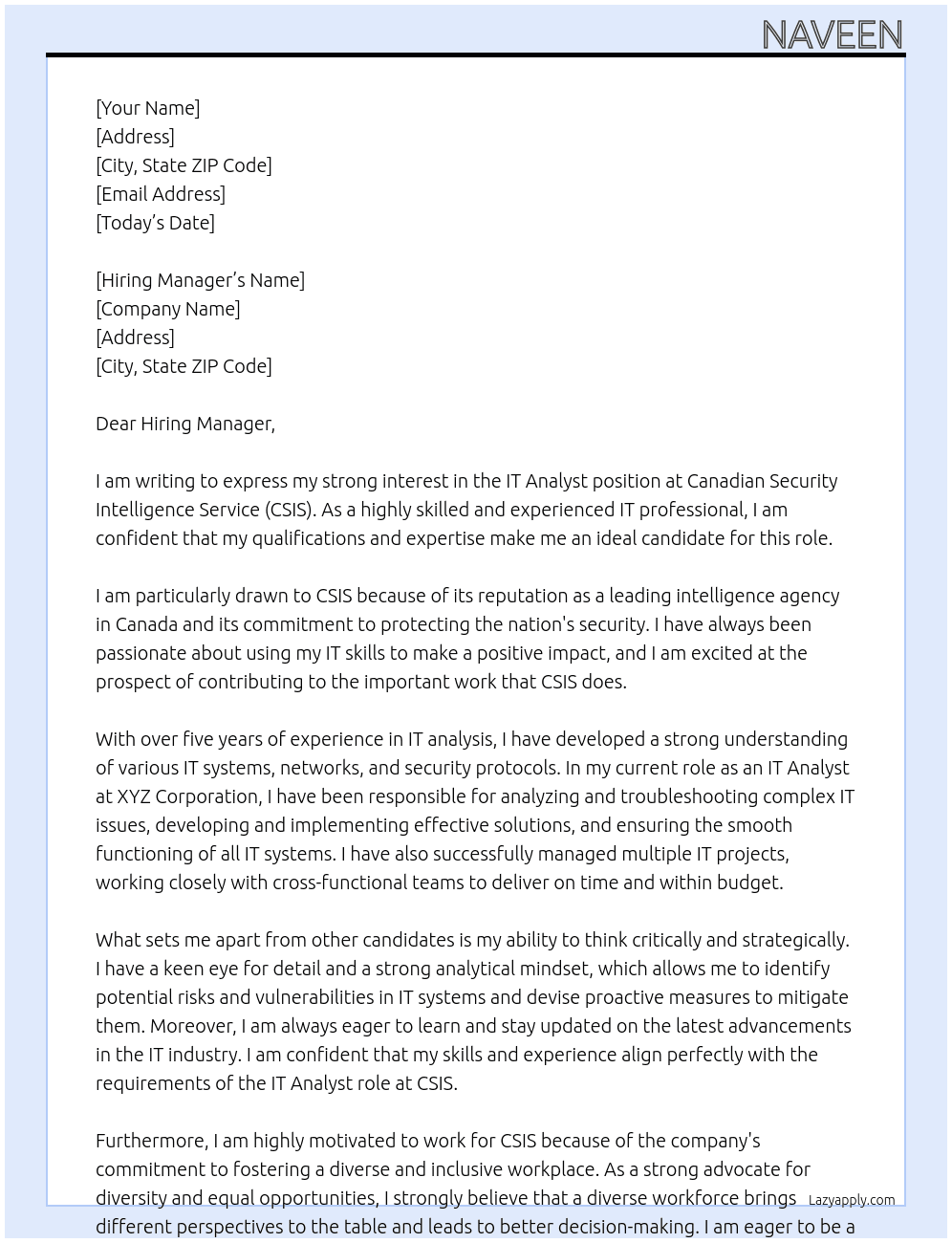 IT Analyst At Canadian Security Intelligence Service Cover Letter