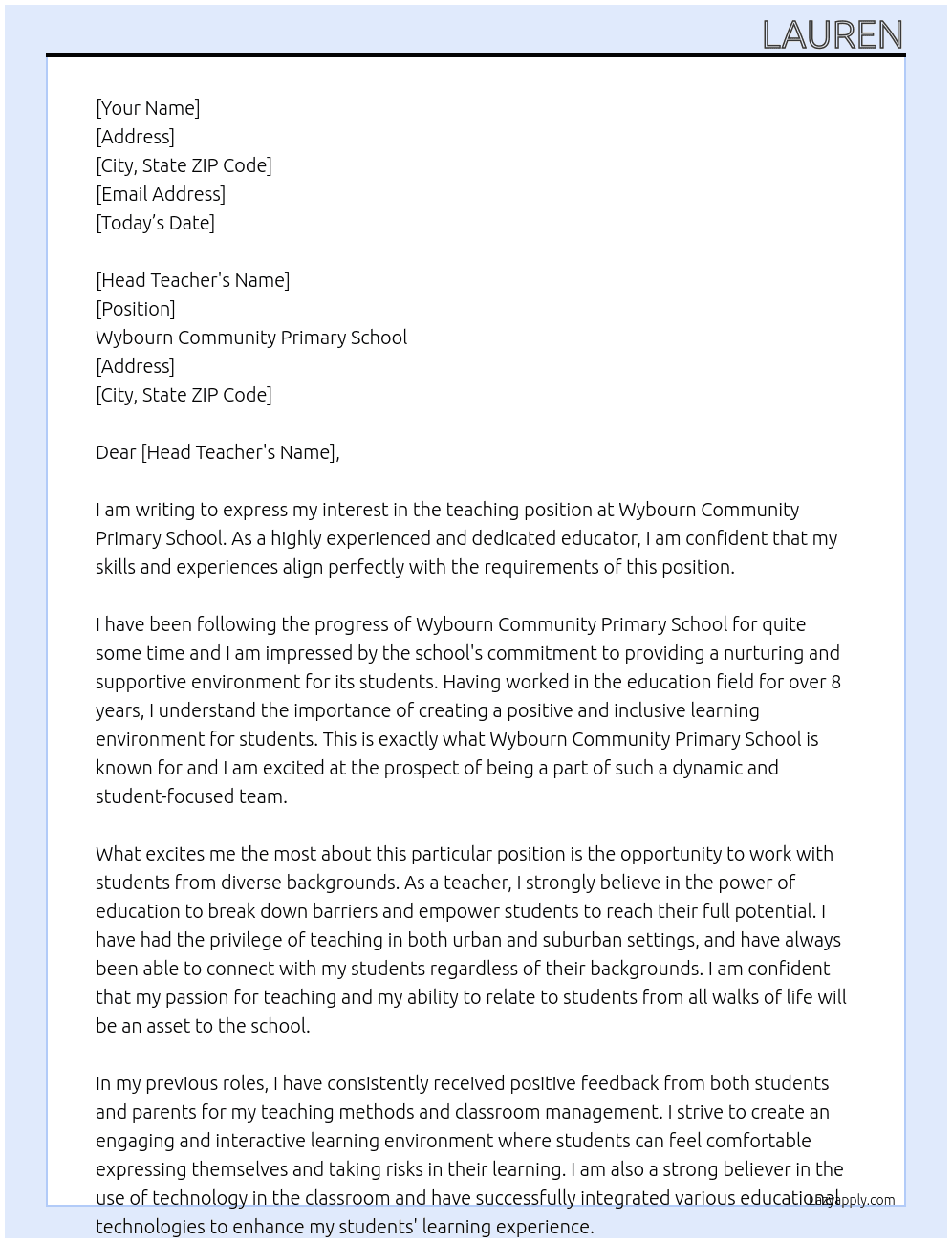 teacher At Wybourn Community Primary School Cover Letter