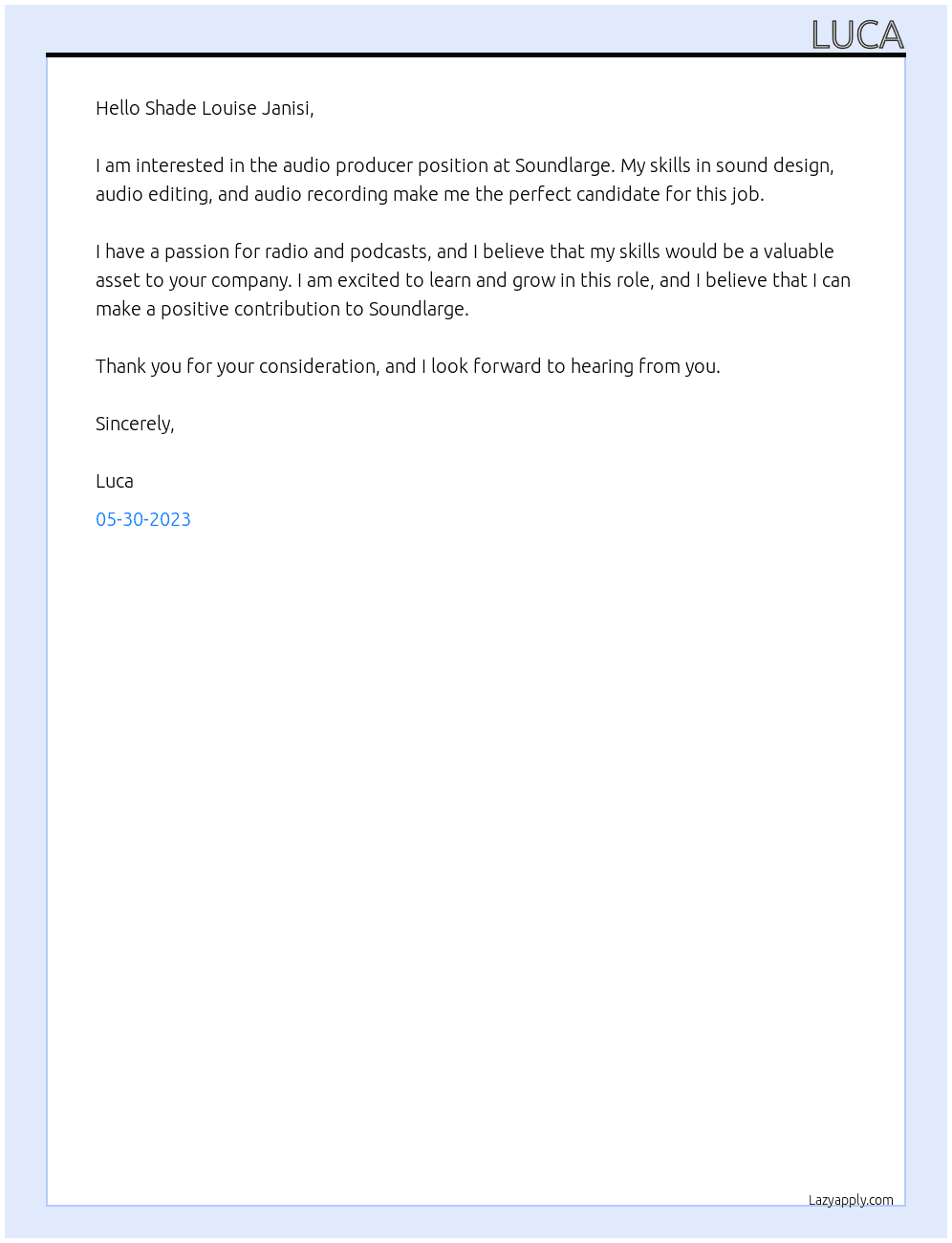 Audio Producer At Soundlarge Cover Letter