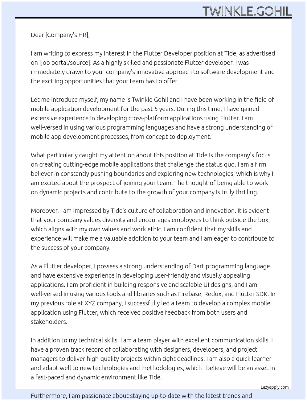 Flutter developer  At Tide Cover Letter
