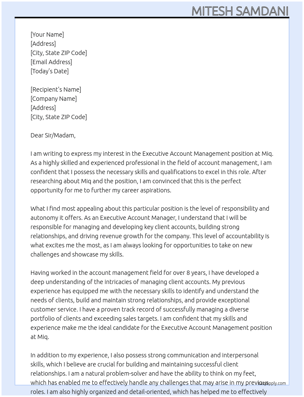 Executive Account Management At Miq Cover Letter
