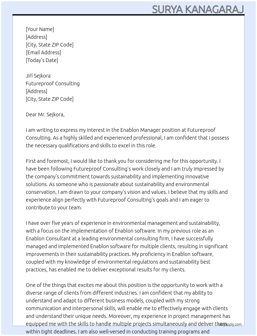 Enablon Manager At futureproof consulting Cover Letter