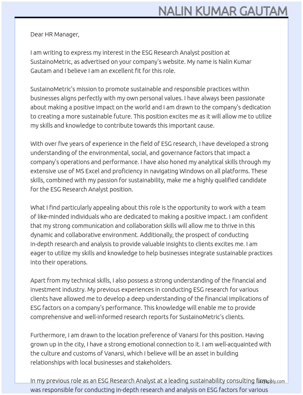 ESG Research Analyst At SustainoMetric Cover Letter