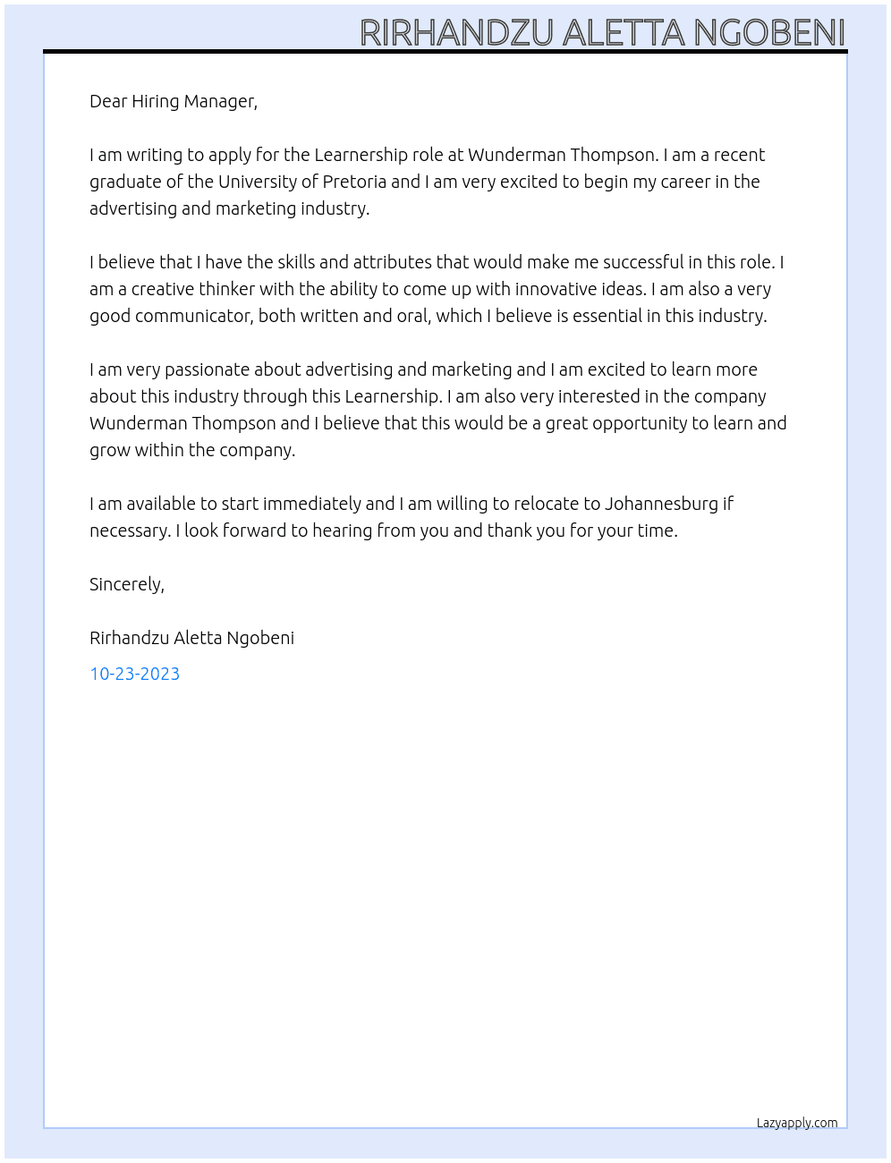 Learnship At Wunderman Thompson Cover Letter