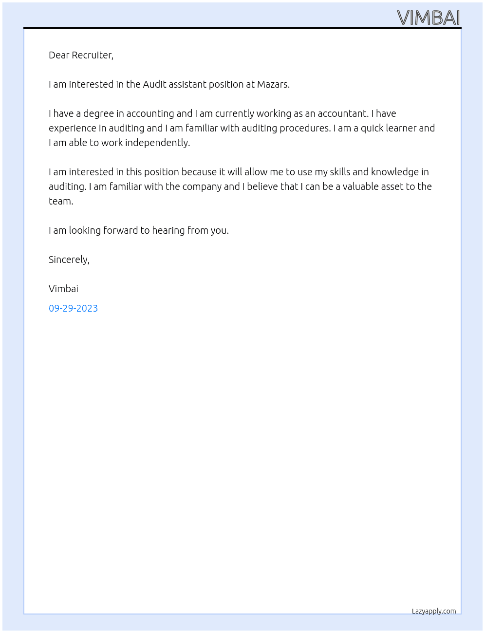 Audit assistant At Mazars Cover Letter