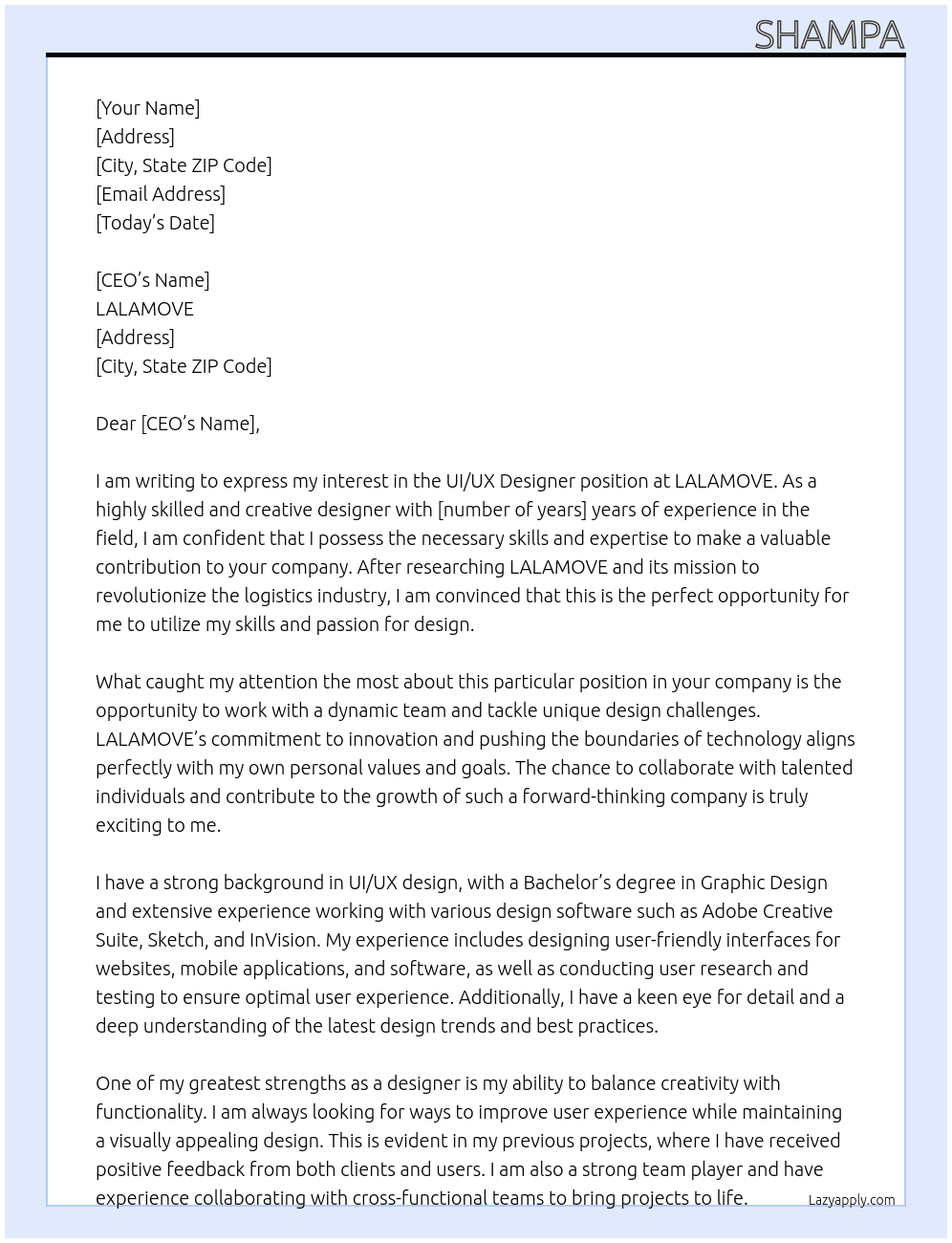 ui/ux designer At LALAMOVE Cover Letter