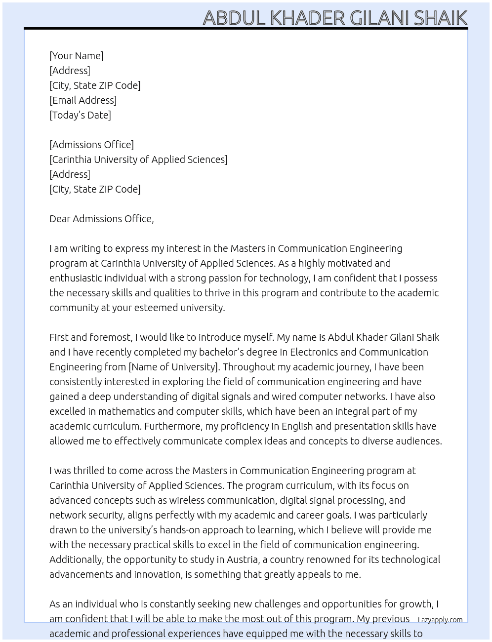 Masters in  Communication Engineering  At Carinthia University of Applied Sciences Cover Letter
