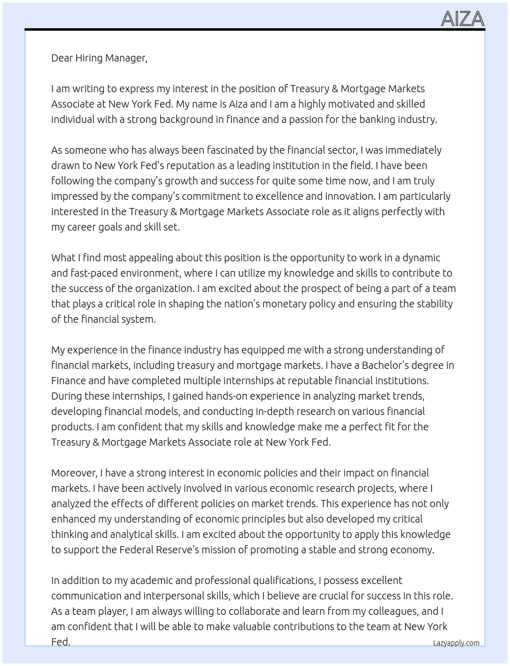 Treasury & Mortgage Markets Associate At New York Fed Cover Letter