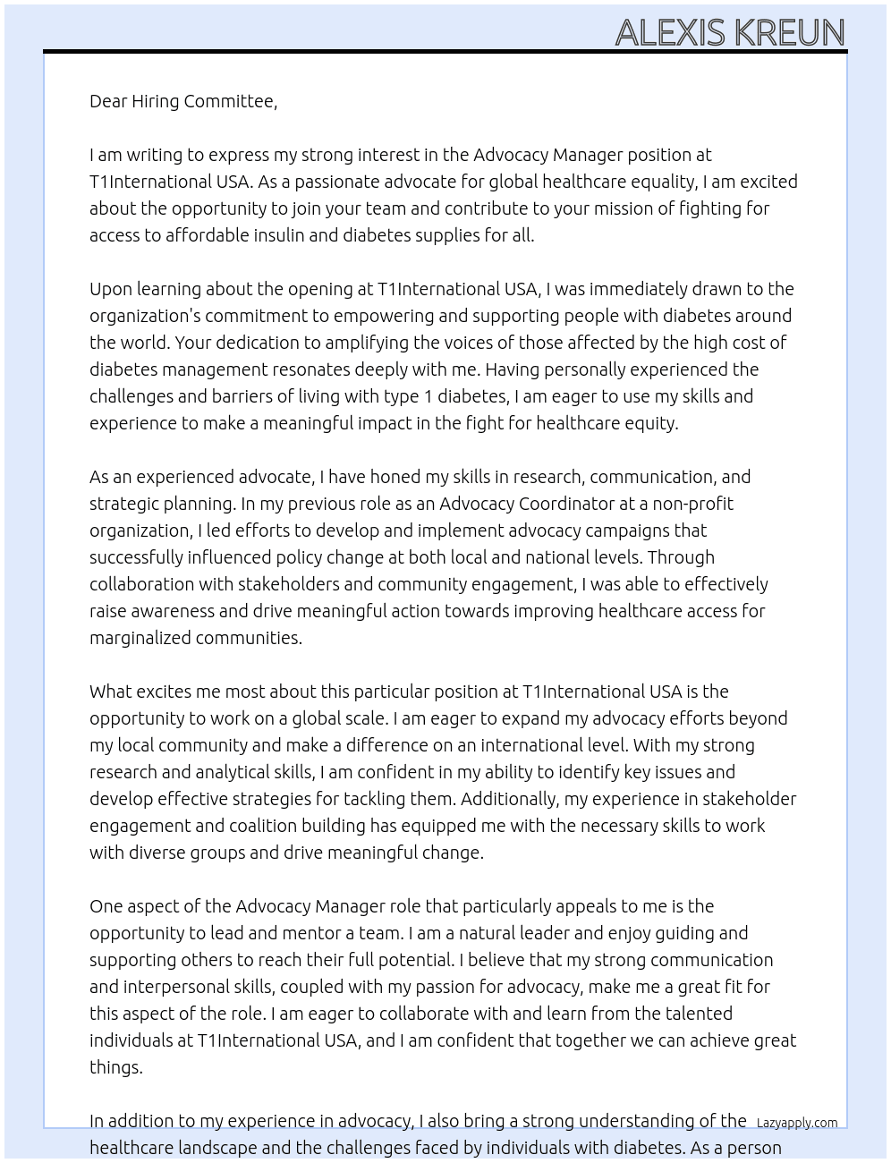 Advocacy Manager, Global At T1International USA Cover Letter