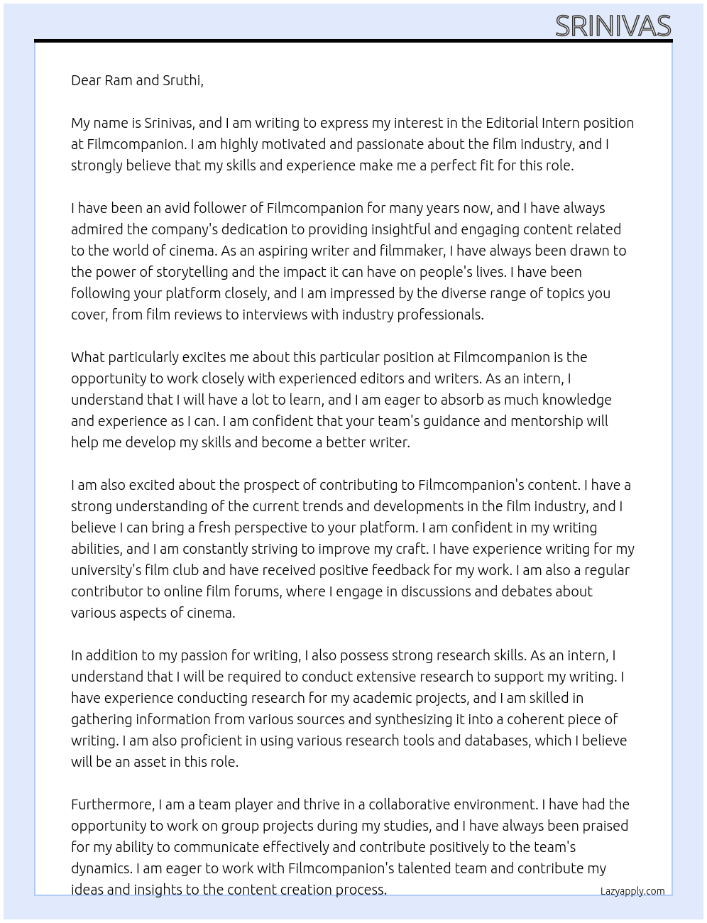 Editorial intern At Filmcompanion Cover Letter
