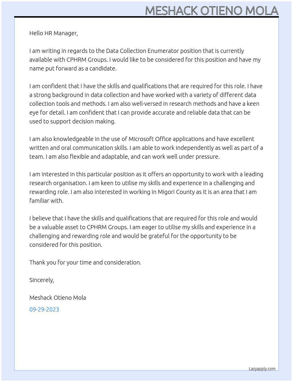 Data Collection Enumerator. At CPHRM Groups Cover Letter