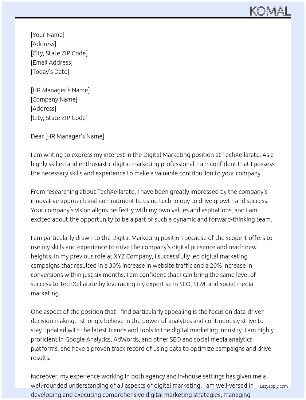 Digital Marketing  At TechXellarate Cover Letter