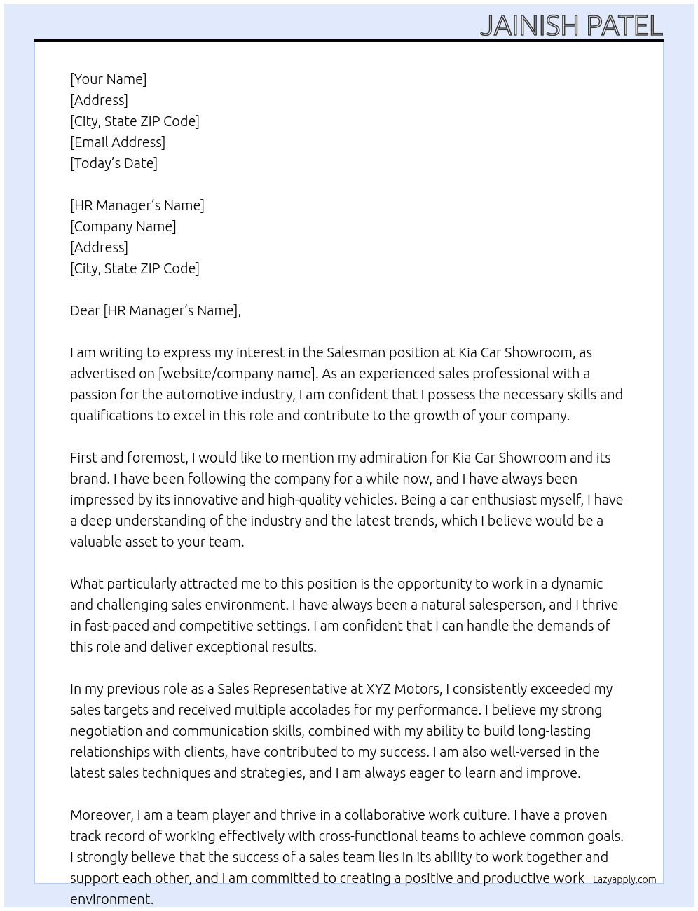 Salesman At Kia car show room Cover Letter