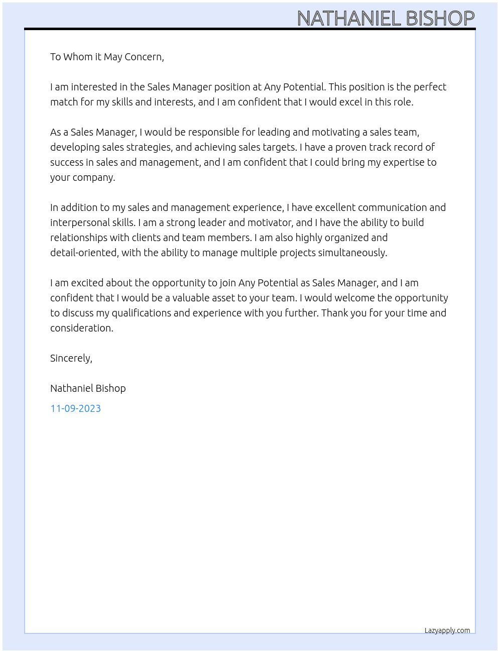 Sales Manager  At Any Potential  Cover Letter