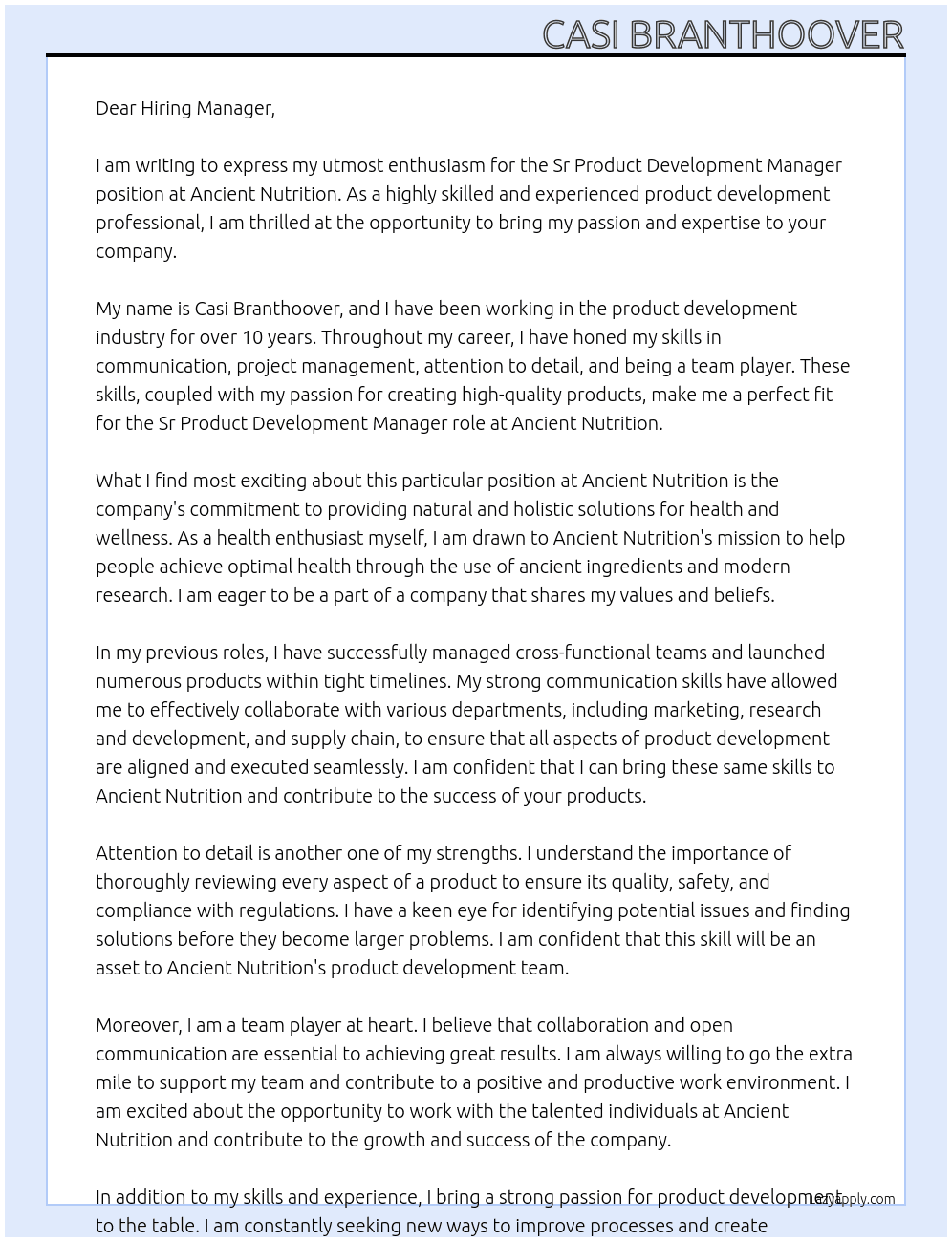 Cover letter for sr product development manager - LazyApply