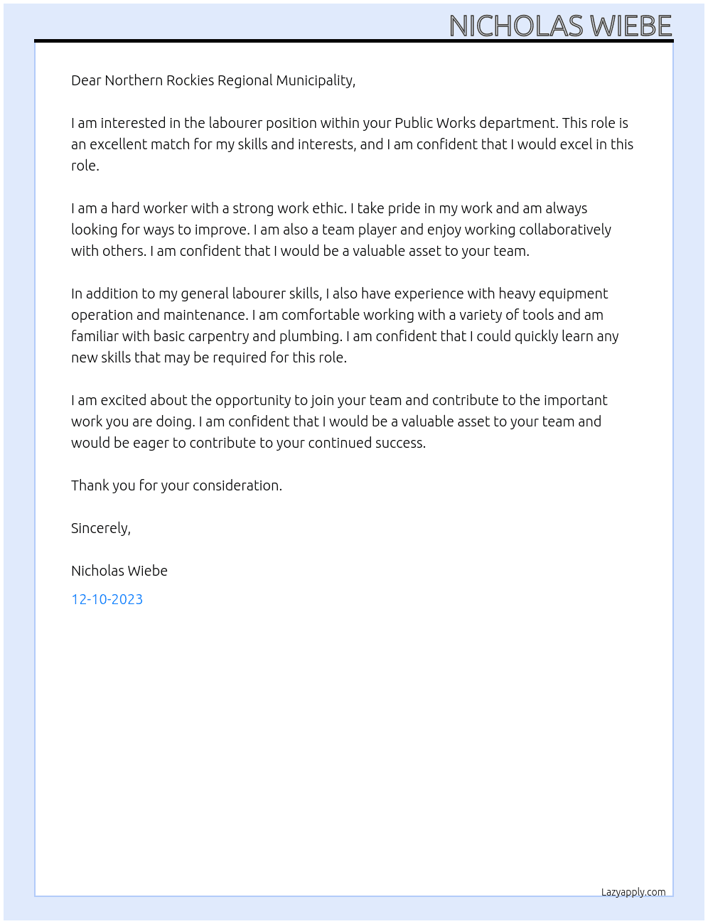 Labourer At Northern Rockies Regional Municipality-Public Works Cover Letter