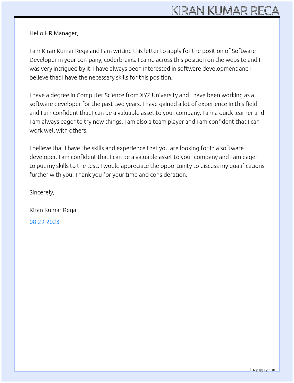 Software Developer At coderbrains Cover Letter