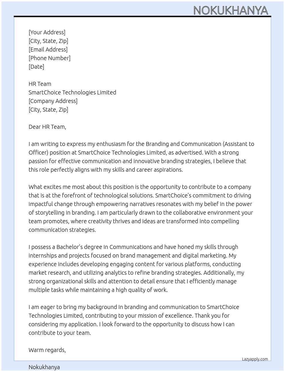 Branding and Communication (Assistant to Officer) At SmartChoice Technologies Limited  Cover Letter