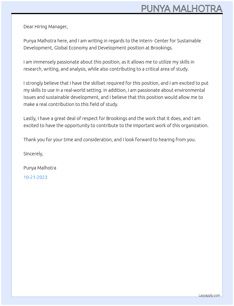 Intern- Center for Sustainable Development, Global Economy and Development At Brookings Cover Letter