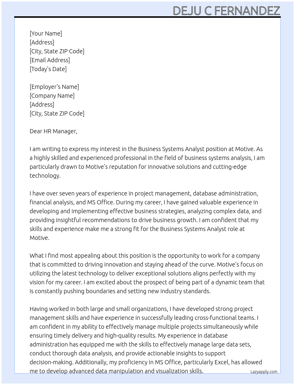 Business Systems Analyst At Motive Cover Letter