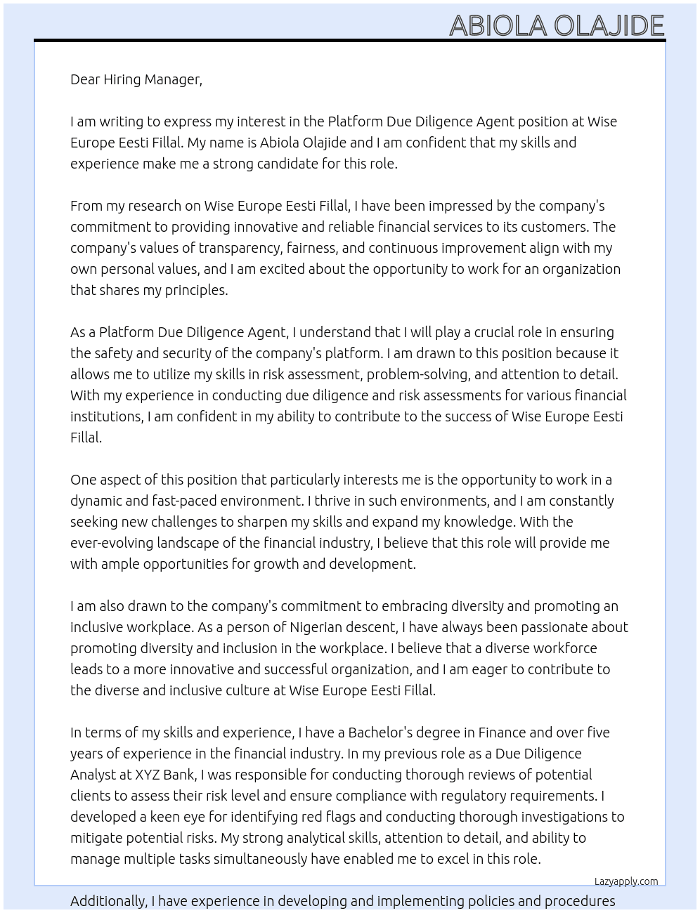Cover letter for platform due diligence agent - LazyApply
