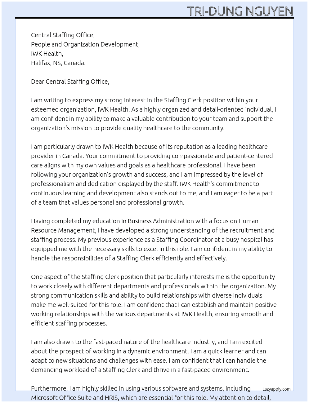 Staffing Clerk At IWK Health Cover Letter