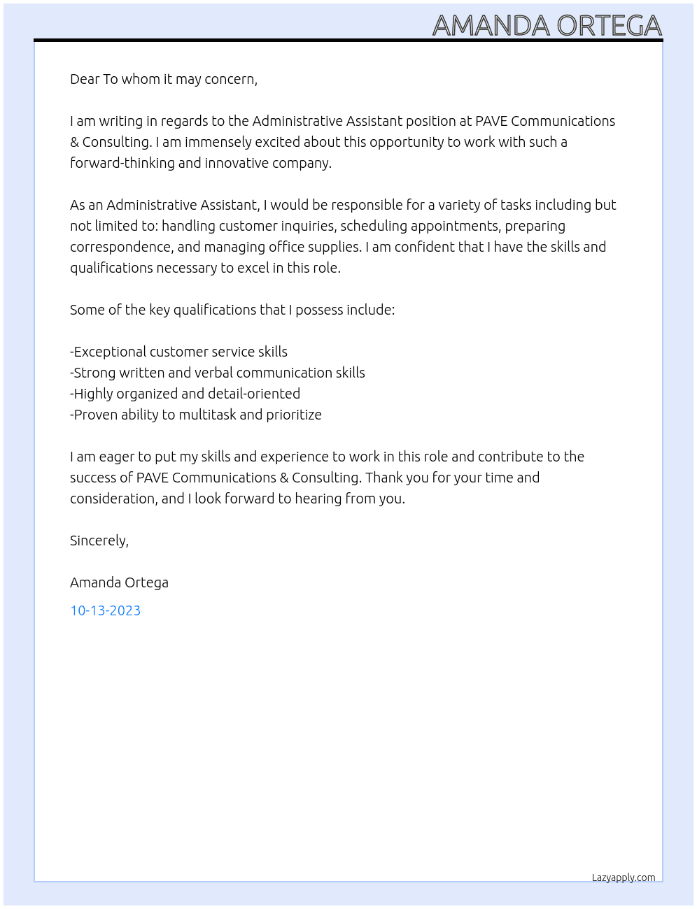 Administrative Assistant At PAVE Communications & Consulting Cover Letter