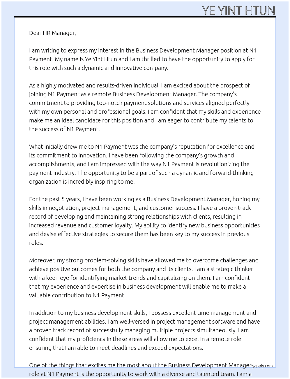 Business development manager  At N1 payment  Cover Letter