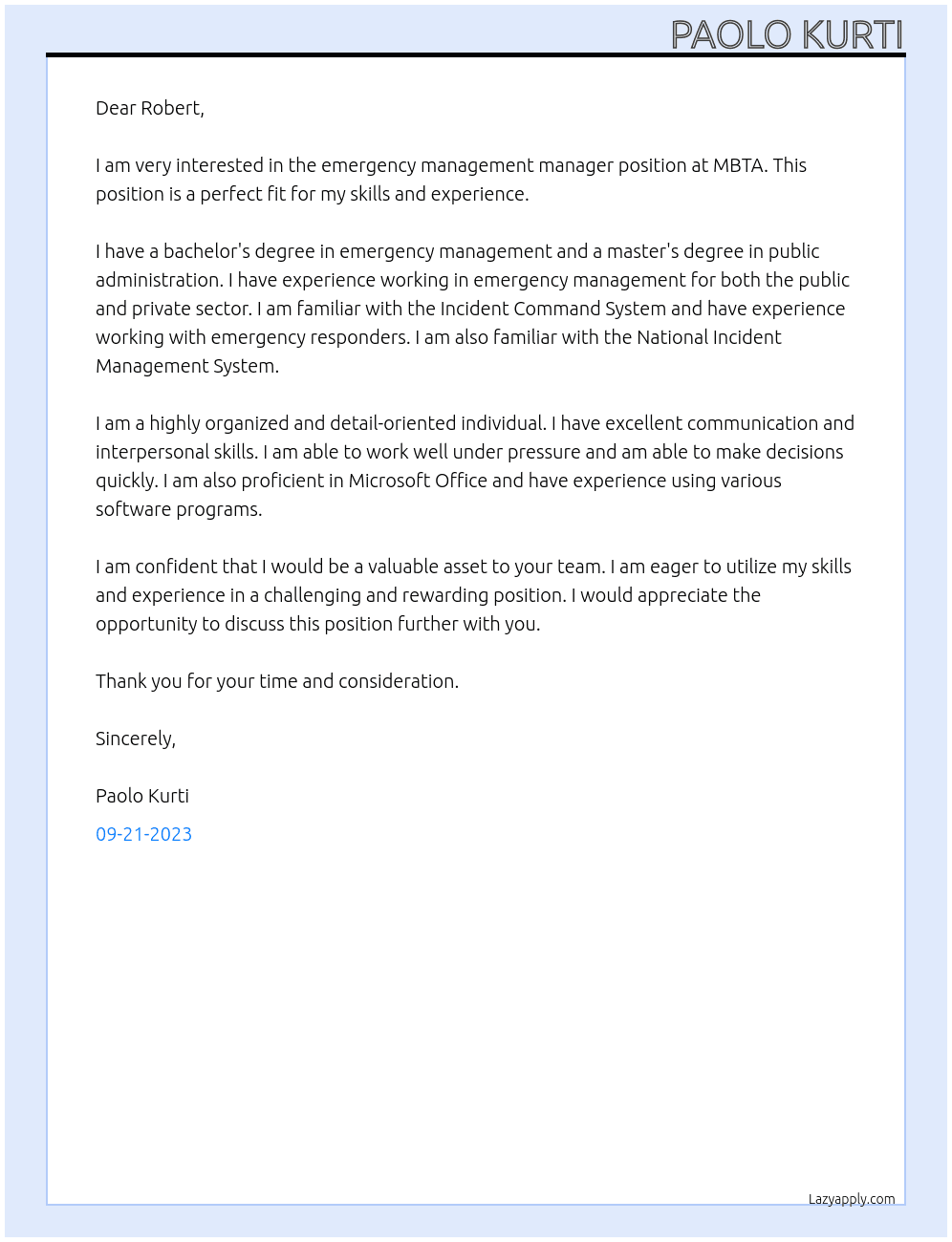 emergency management manager  At MBTA Cover Letter