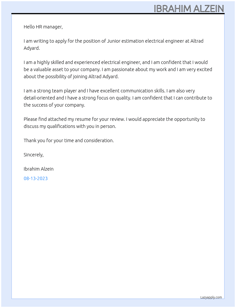 Junior estimation electrical engineer  At Altrad Adyard Cover Letter
