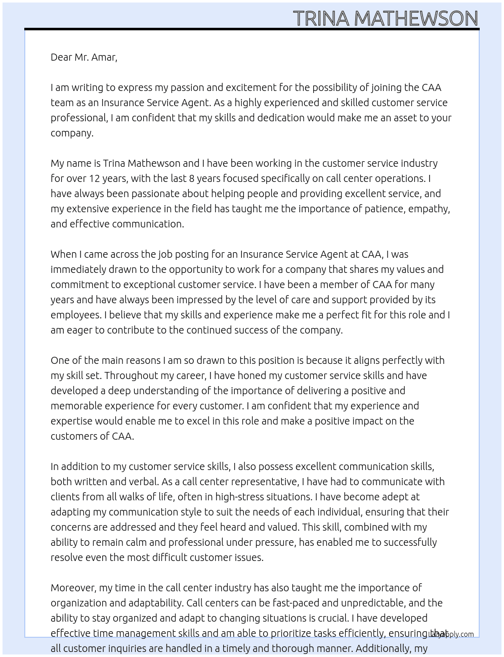 Insurance Service Agent At CAA Cover Letter