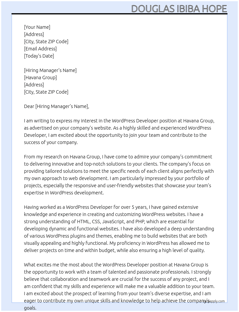 WordPress Developer  At Havana Group Cover Letter