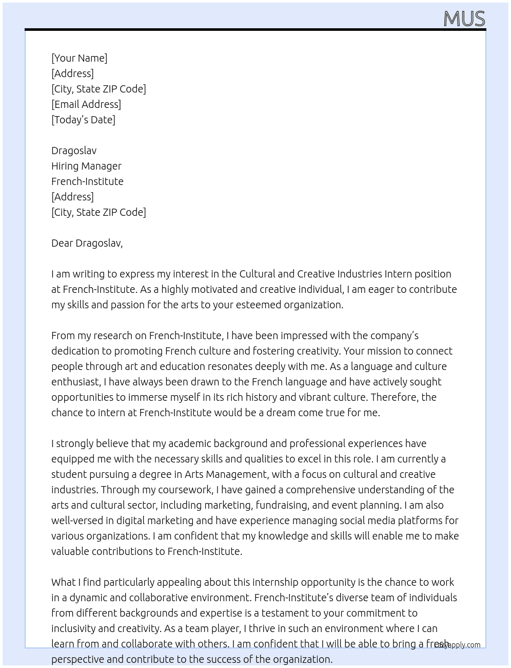 Cultural and creative industries intern At French-Institute  Cover Letter