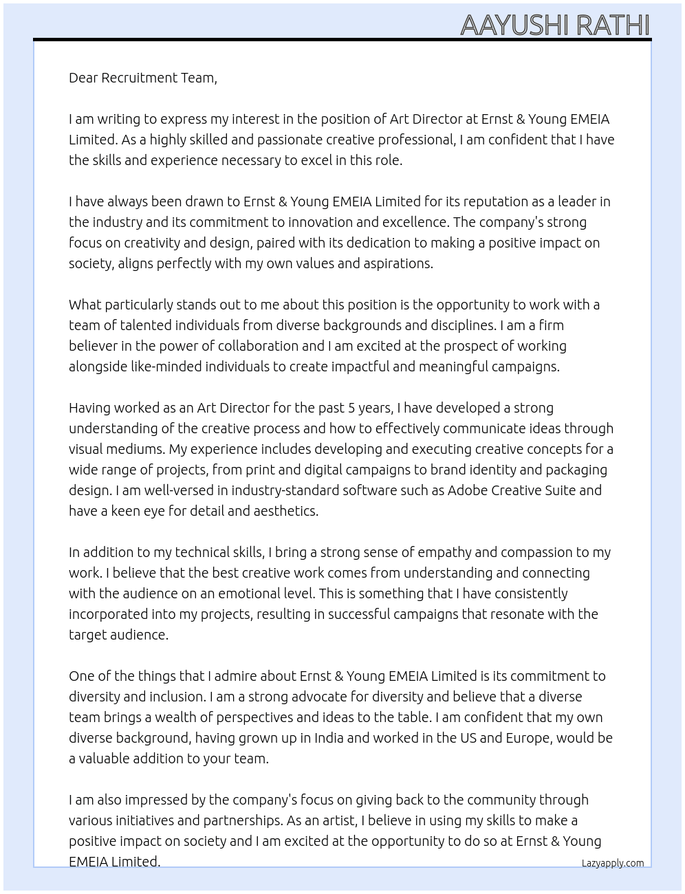 Art director  At Ernst & Young EMEIA Limited Cover Letter