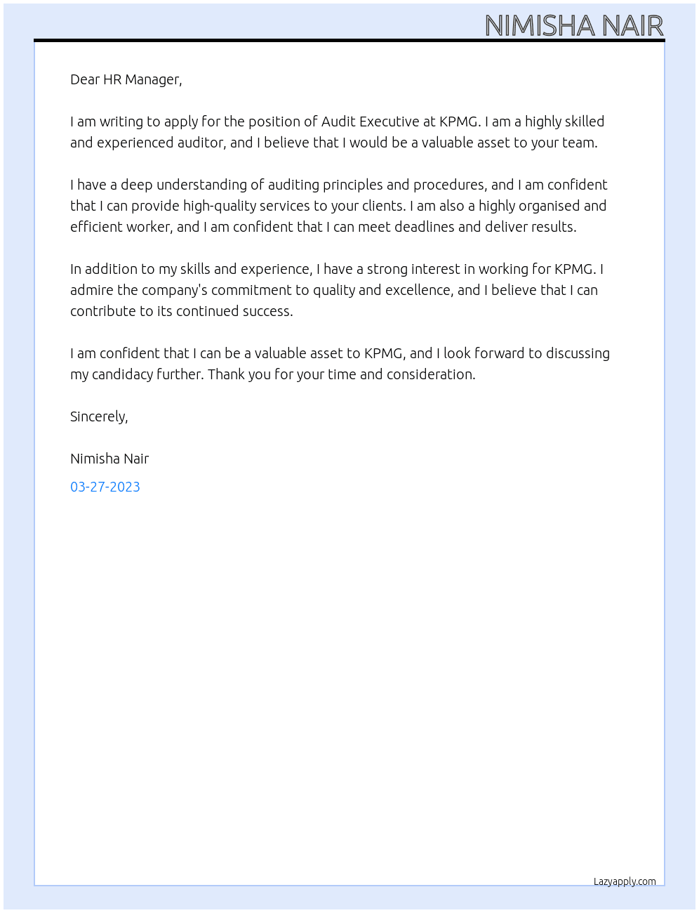 Audit Executive At KPMG Cover Letter
