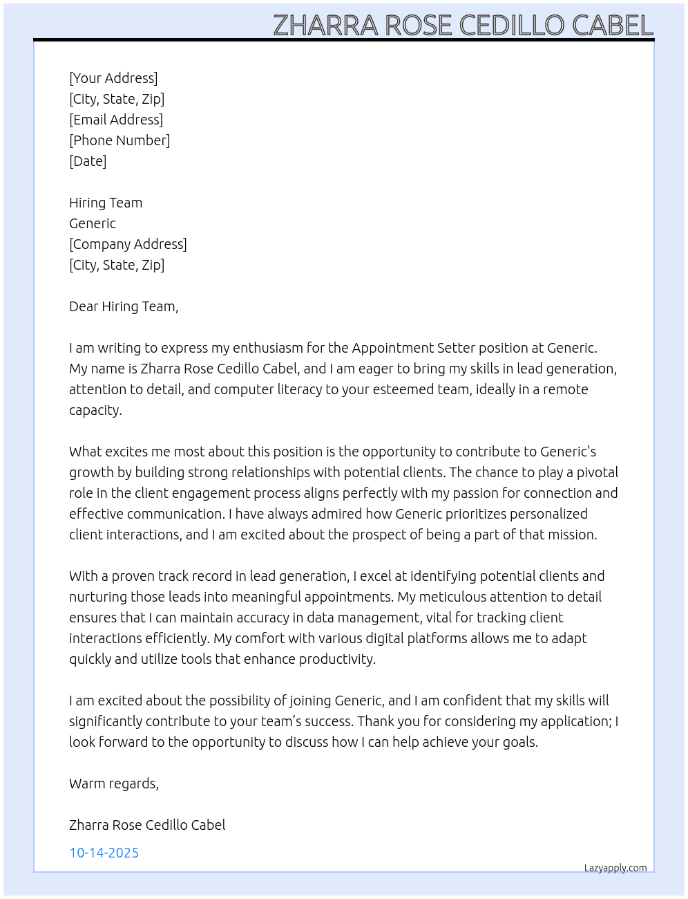 Appointment Setter At Generic Cover Letter