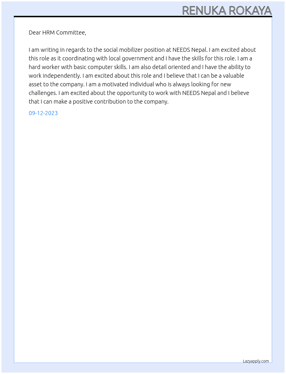 Social  mobilizer At NEEDS Nepal Cover Letter