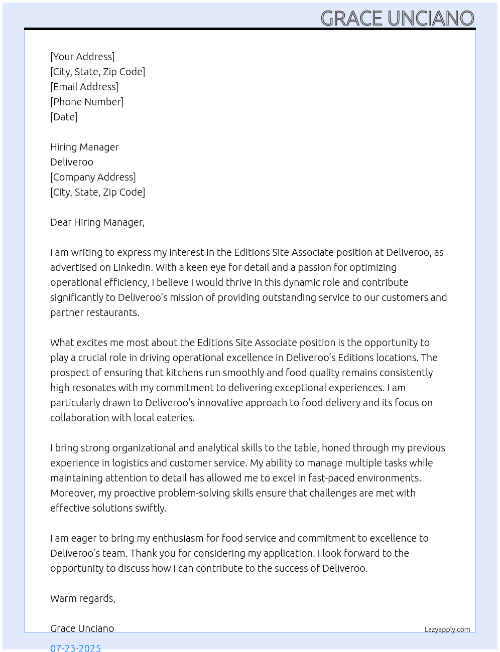Editions site associate At Deliveroo Cover Letter