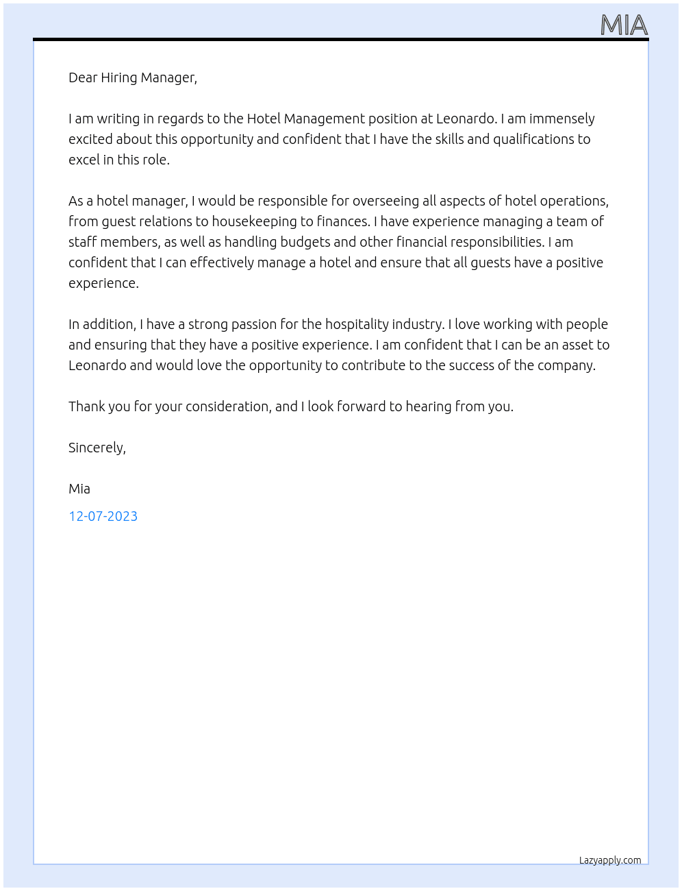 Hotel Managment At Leonardo Cover Letter