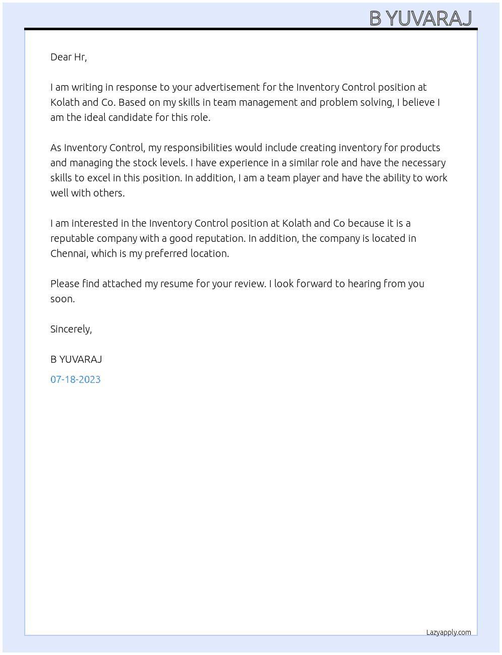 Inventory control  At Kolath and Co  Cover Letter