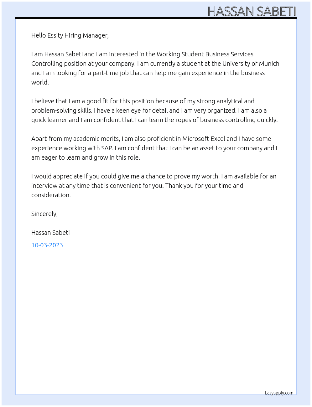 Working Student Business Services Controlling At Essity Cover Letter