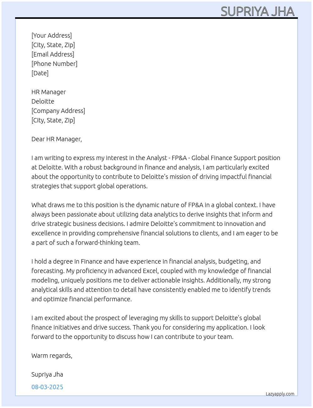 Cover letter for analyst - fp&a - global finance support - LazyApply