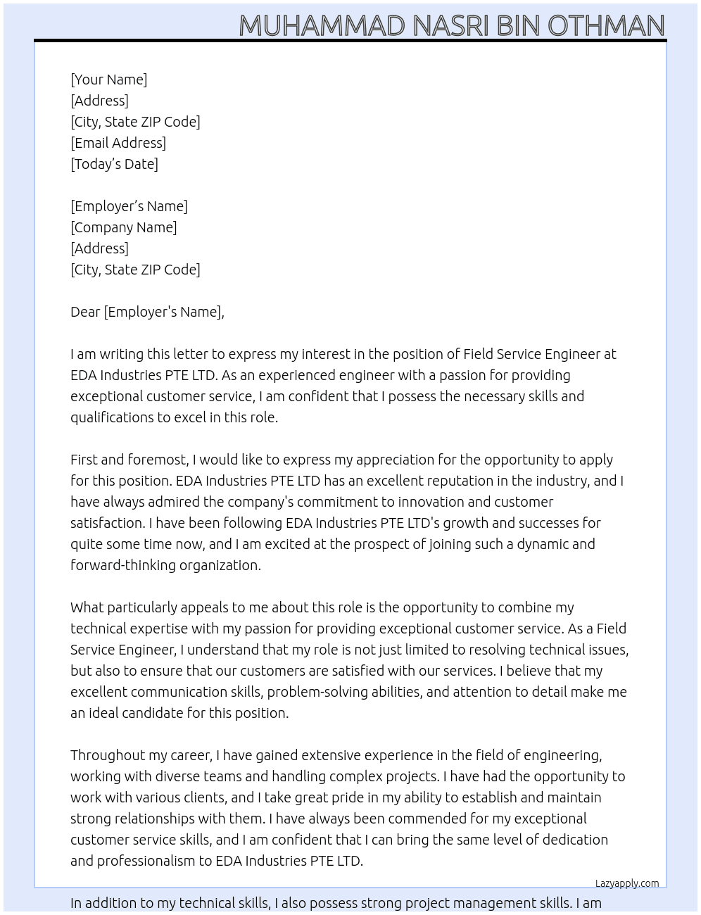 Field Service Engineer At EDA Industries PTE LTD Cover Letter