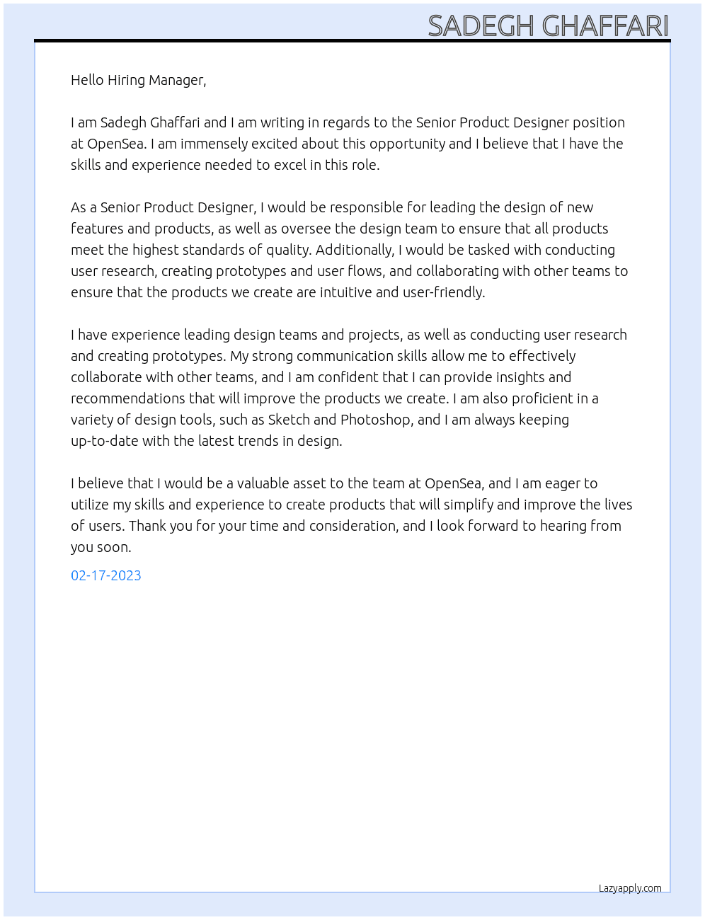 Senior product designer At OpenSea Cover Letter
