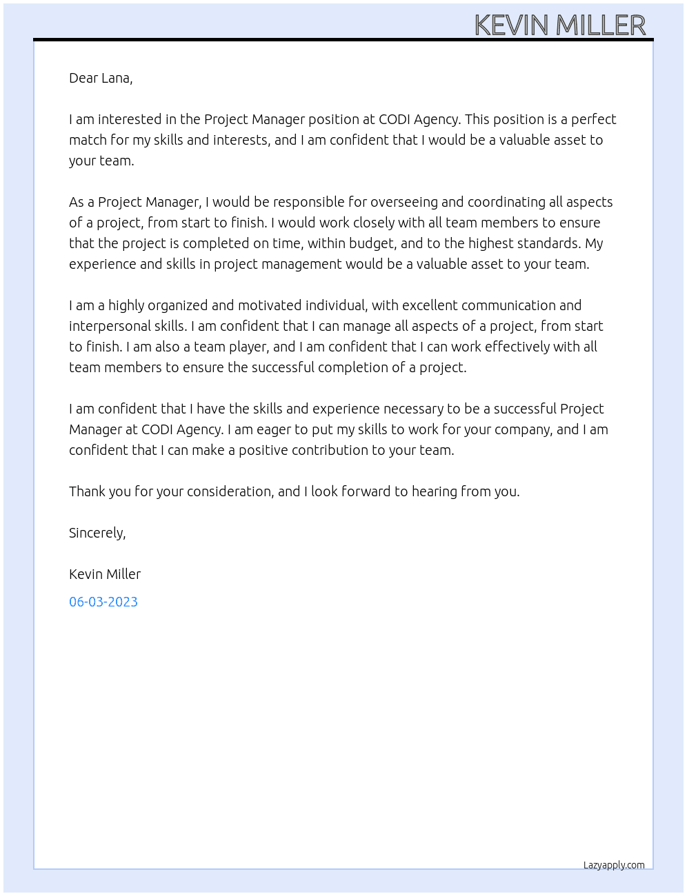 Project Manager  At CODI Agency  Cover Letter