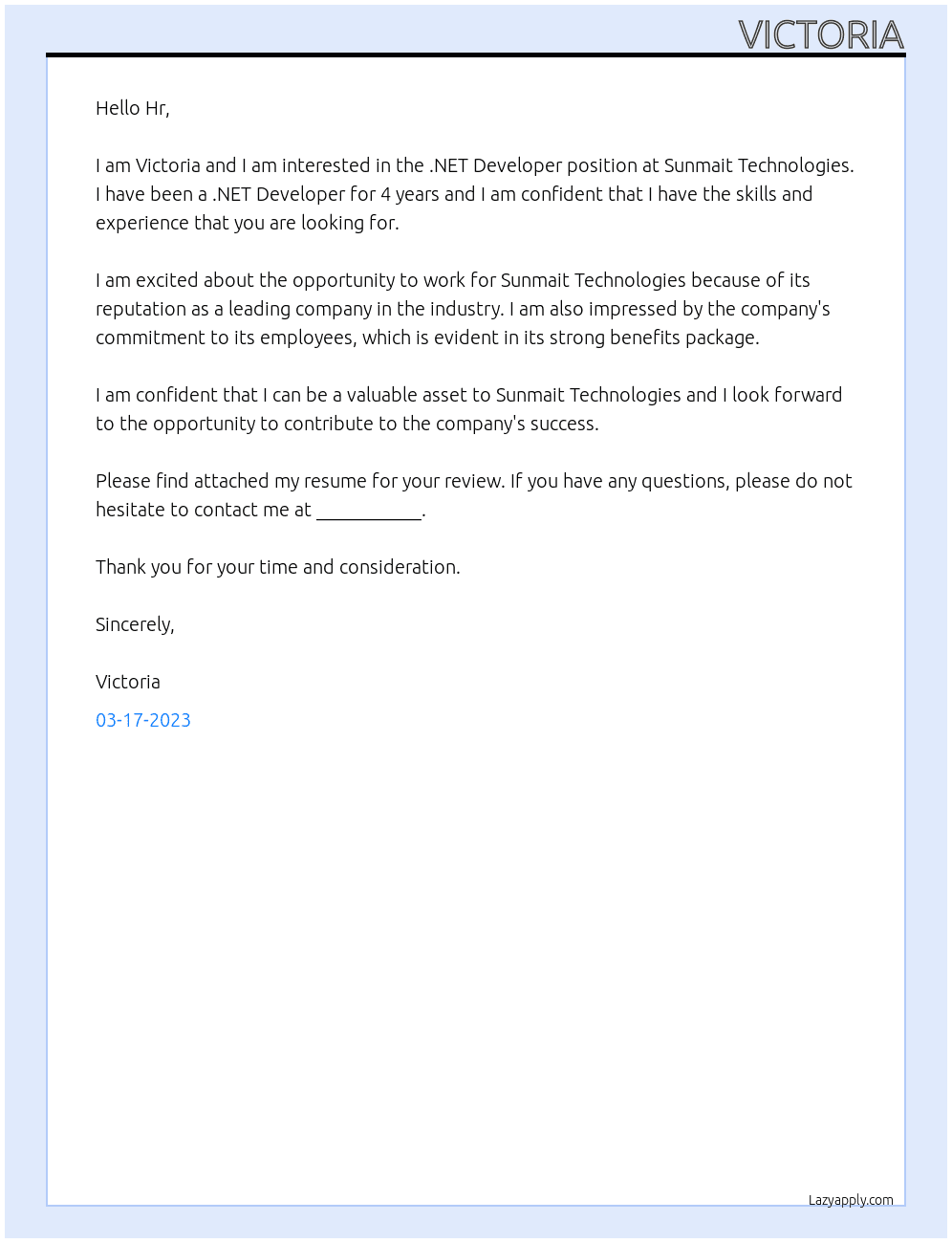 .NET Developer At Sunmait Technologies Cover Letter